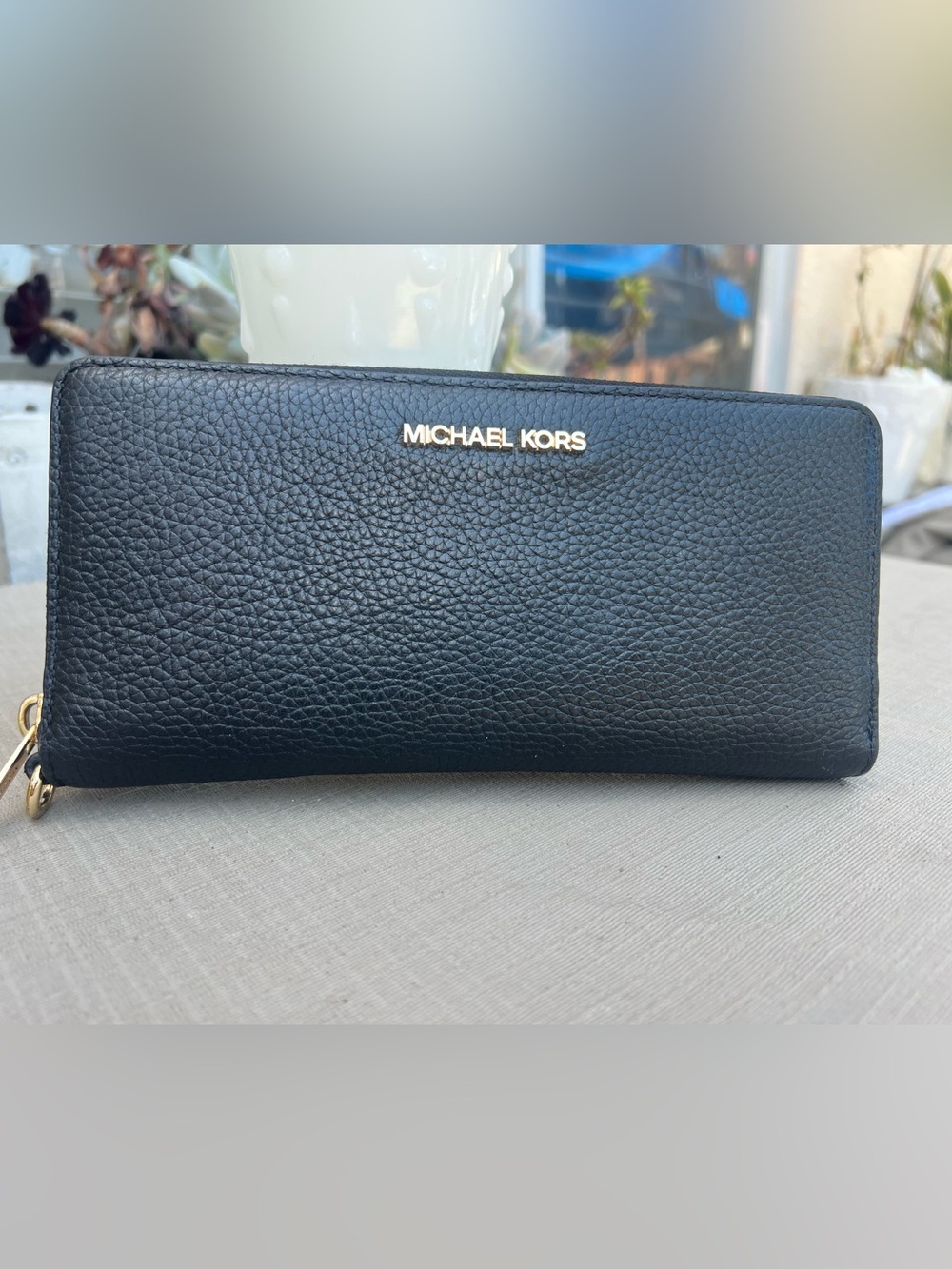 Michael Kors Black Pebbled Leather Zip Wallet with Gold Logo
